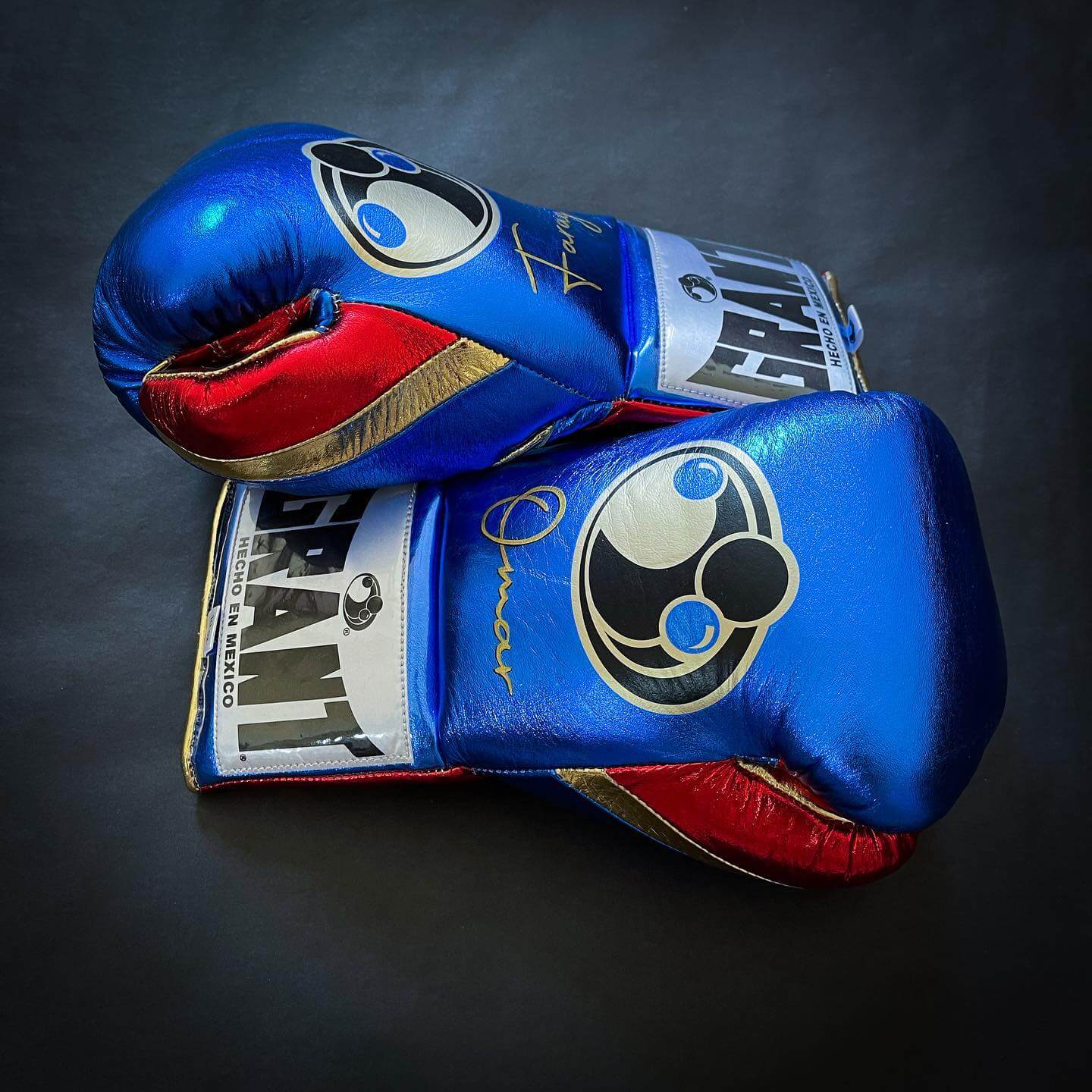 Grant Blue/Red/Gold Leather Boxing Gloves Heavy Duty Training Pair Thumb View