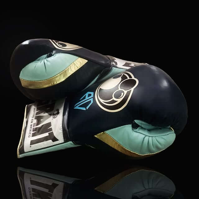 Grant Dark & Mint Blue/Gold Boxing Gloves 14oz Premium Training Gloves Thumb View