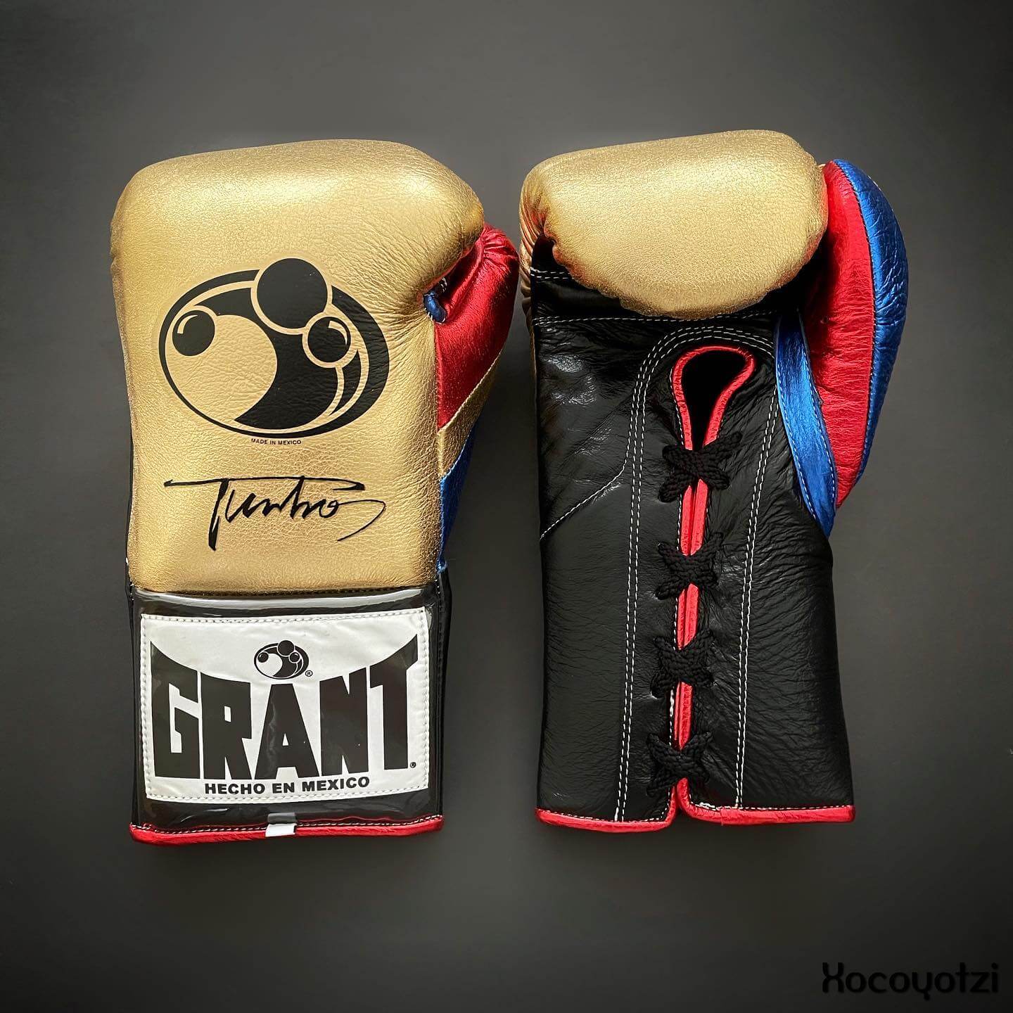 Grant Gold/Black/Red/Blue Leather Boxing Gloves Classic Design Pair