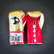 Grant Gold/Red/White Lace-Up Boxing Gloves Close Up Detail