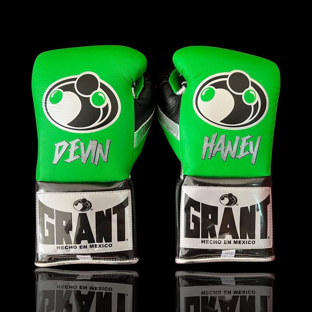 Grant Boxing Gloves Green/Black/Silver on Hands Training Action Shot Back View