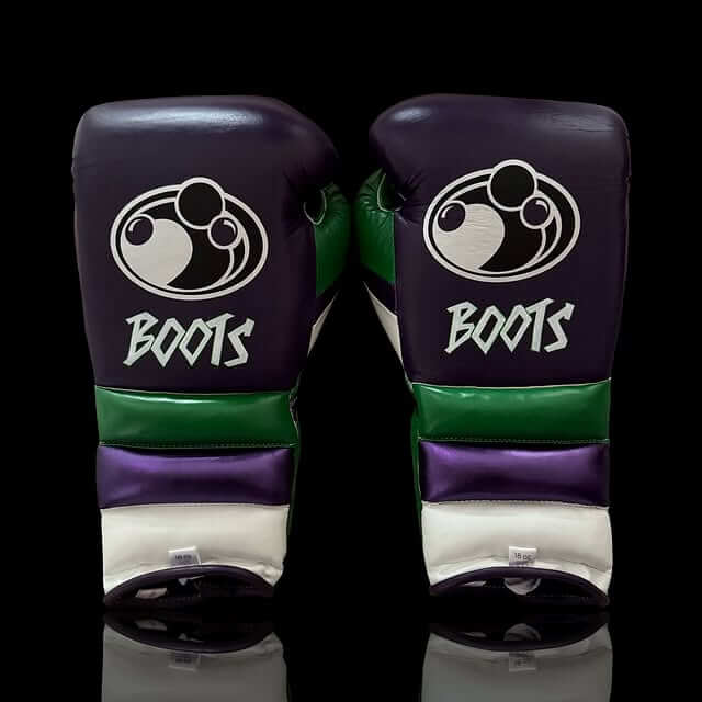 Grant Boxing Set Purple/Green/White Lace-Up Gloves Back View
