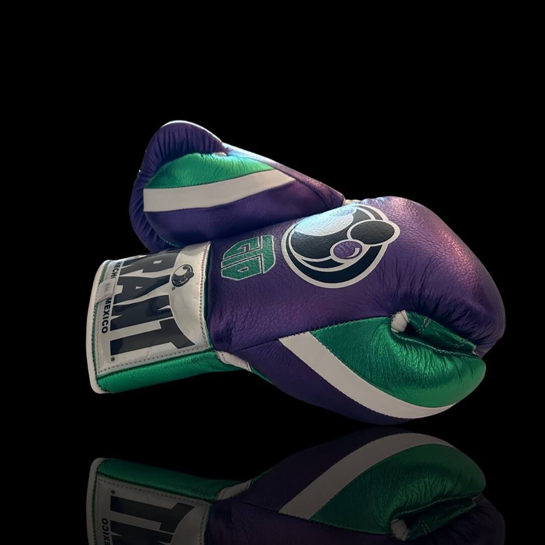 Grant Boxing Gloves Purple/Green/White 14oz Leather Training Gloves Thumb View