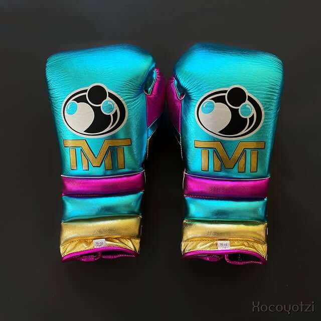 Grant Sky-Blue/Gold/Pink Full View Leather Boxing Gloves Back View