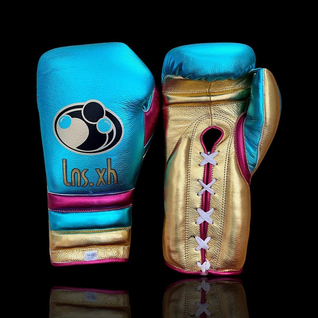Grant Sky-Blue/Pink/Gold Lace-Up Boxing Gloves Classic Training Gloves