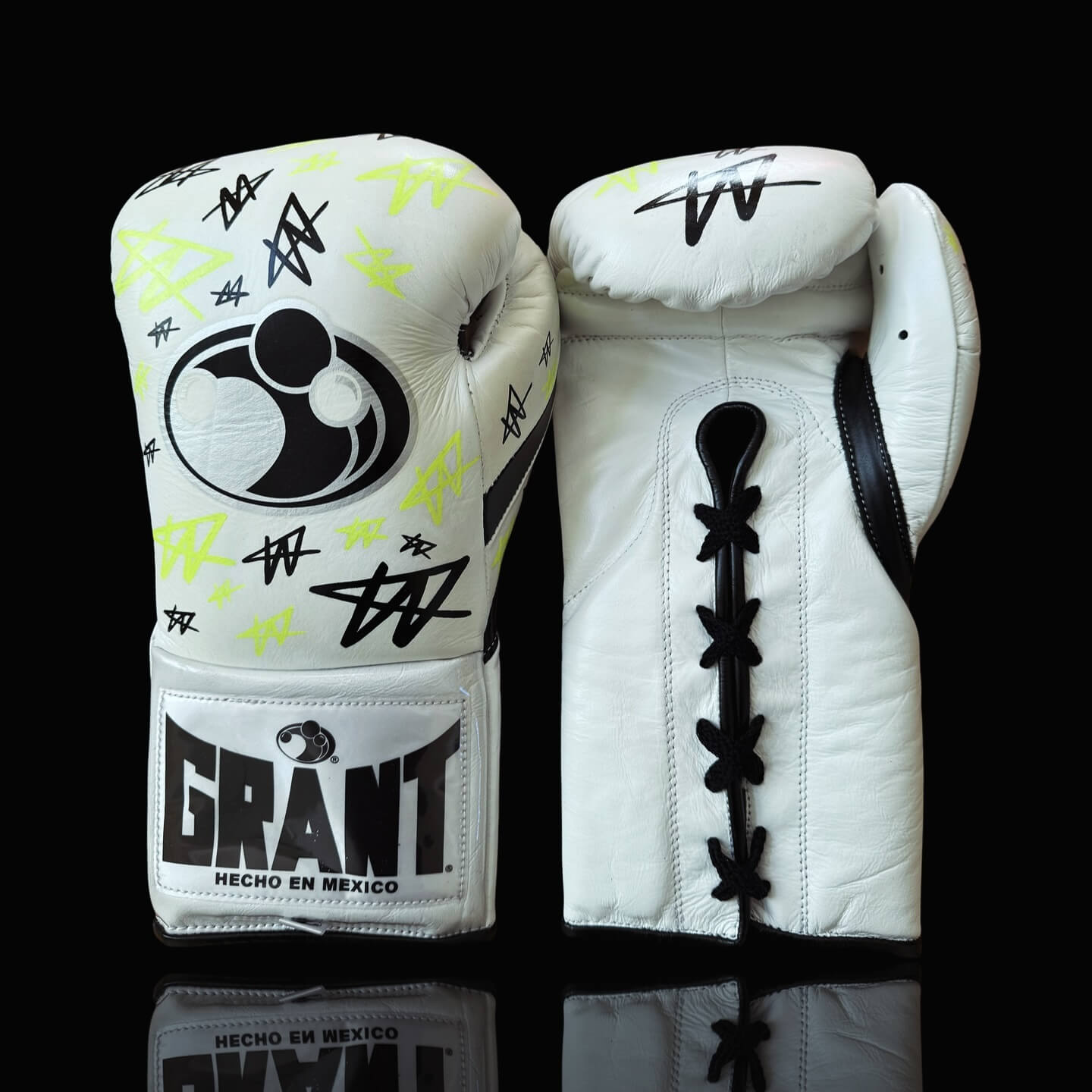 Grant Boxing Gloves White/Black/Yellow 14oz Leather Training Gloves