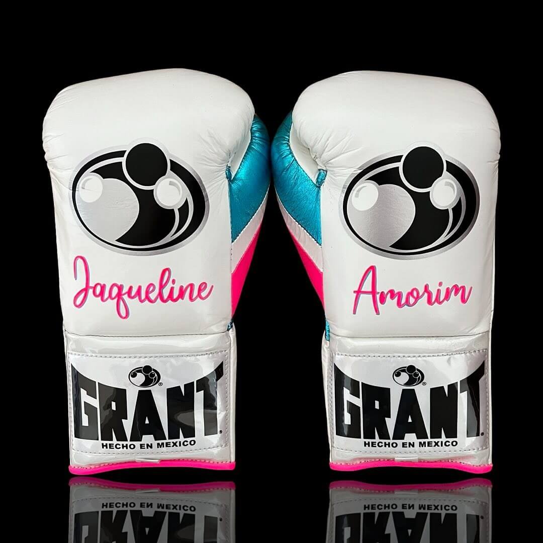 Grant White/Blue/Pink Leather Boxing Gloves Custom Fit Training Back View