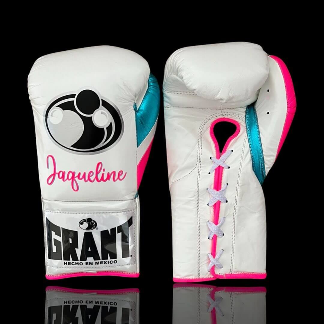 Grant White/Blue/Pink Leather Boxing Gloves Custom Fit Training