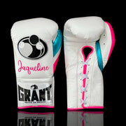 Grant White/Blue/Pink Leather Boxing Gloves Custom Fit Training