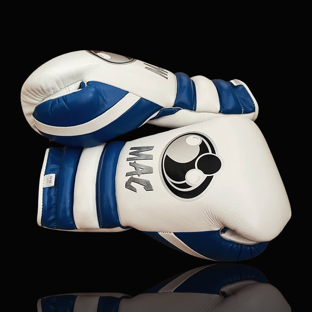 Grant White/Blue Full View Leather Boxing Gloves Thumb View
