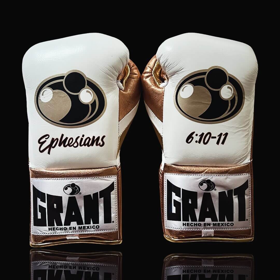 Grant White/Brown/Gold 14oz Boxing Gloves High Quality Gym Gloves Back View