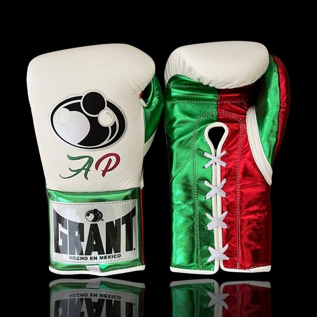 Grant Boxing Gloves White/Green/Red on Hands Training Action Shot