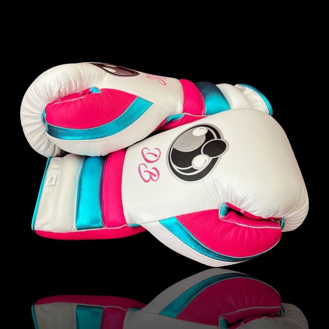 Grant White/Pink/Blue Leather Boxing Gloves Custom Fit Training Thumb View