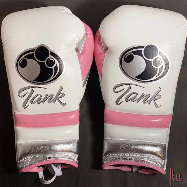 Grant White/Pink/Silver Leather Boxing Gloves Custom Fit Training Back View