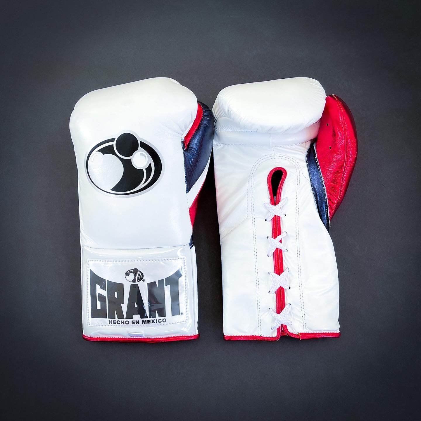 Grant Boxing Gloves White/Red/Blue 14oz Leather Training Gloves