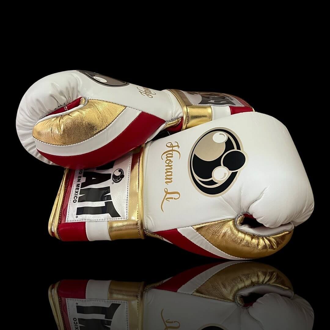 Grant White/Red/Gold Lace-Up Boxing Gloves Close Up Detail Thumb View