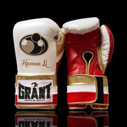 Grant White/Red/Gold Lace-Up Boxing Gloves Close Up Detail