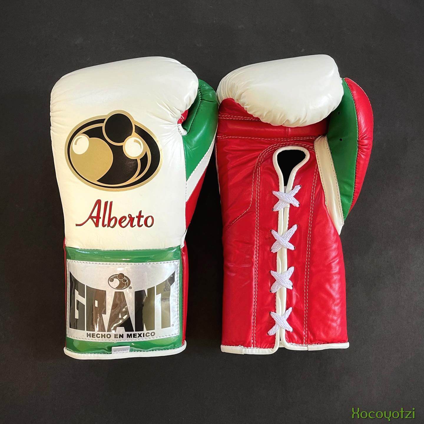 Grant White/Red/Green Lace-Up Boxing Gloves Close Up Detail