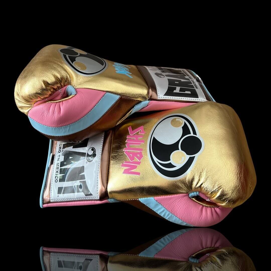 Grant Gold/Brown/Pink Leather Boxing Gloves Thumb View