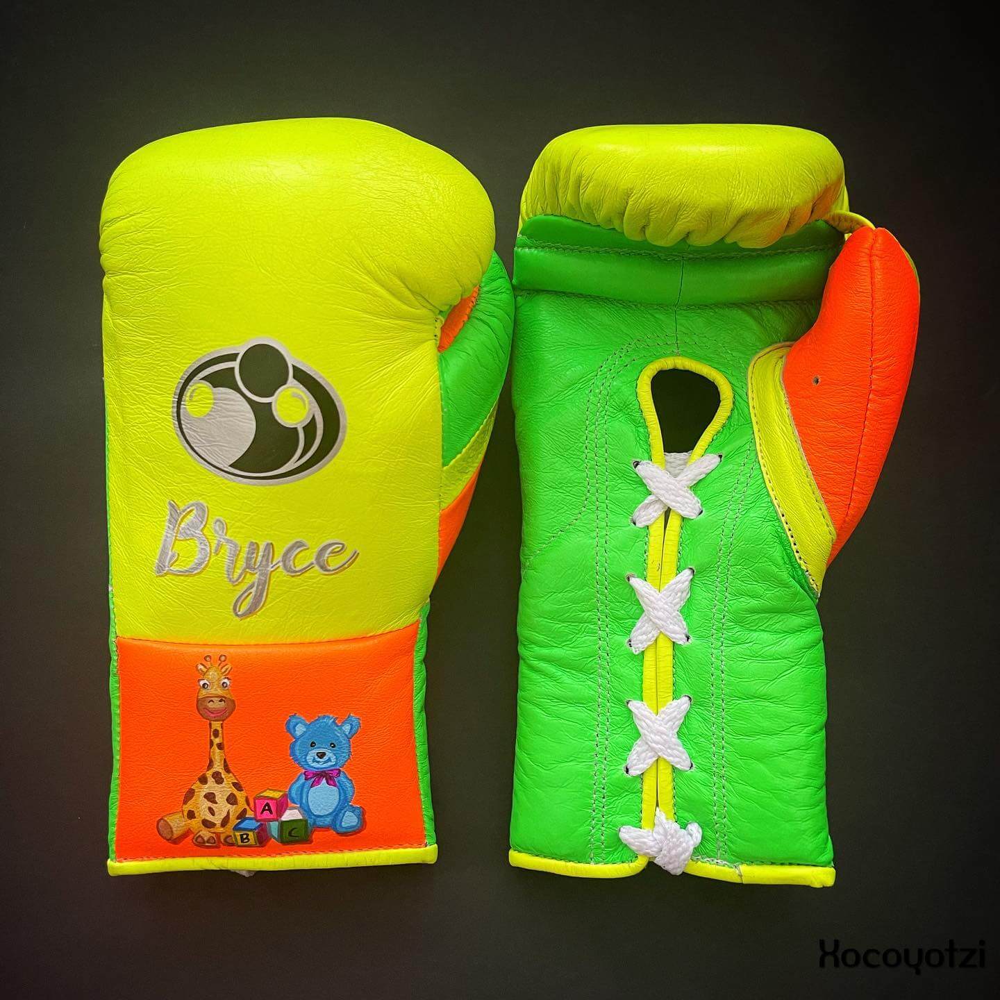 Grant Yellow/Green/Orange Leather Boxing Gloves Custom Fit Training