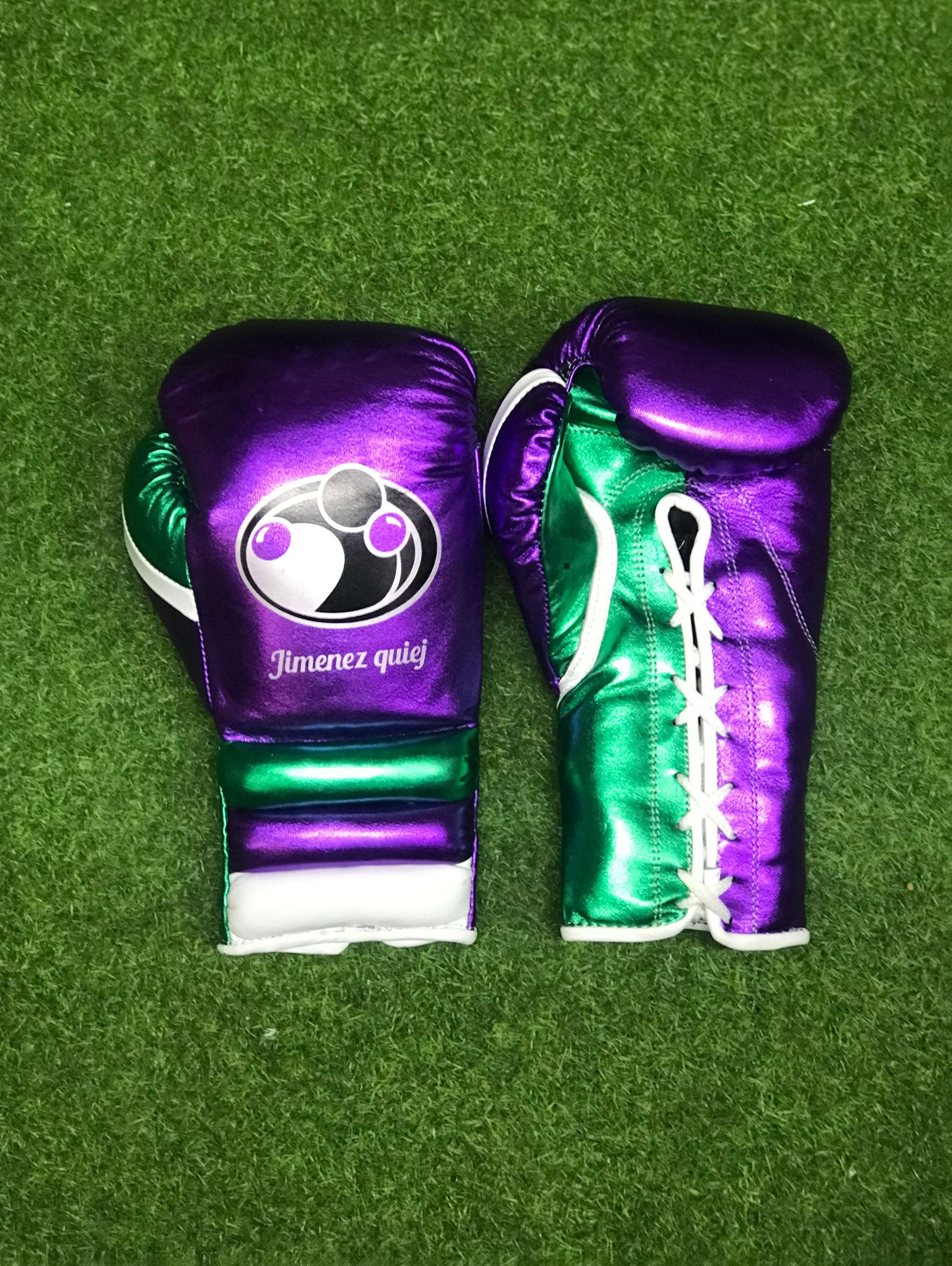 Grant Boxing Sets Purple/Green/White Padded Gloves Front View