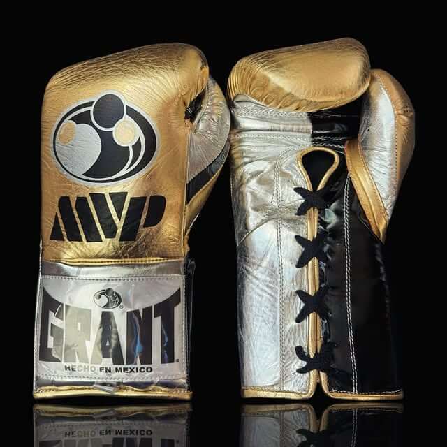 Grant Gold/Black/Silver Back and Front View Boxing Gloves 16oz Professional Training