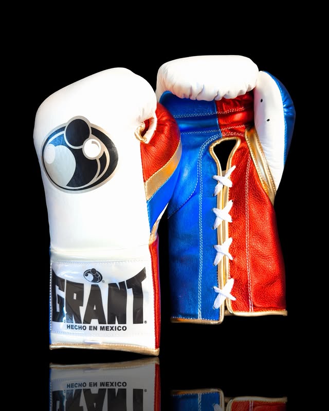 Grant white/Blue/Red/Gold front and bac view Boxing Gloves 16oz Leather Training