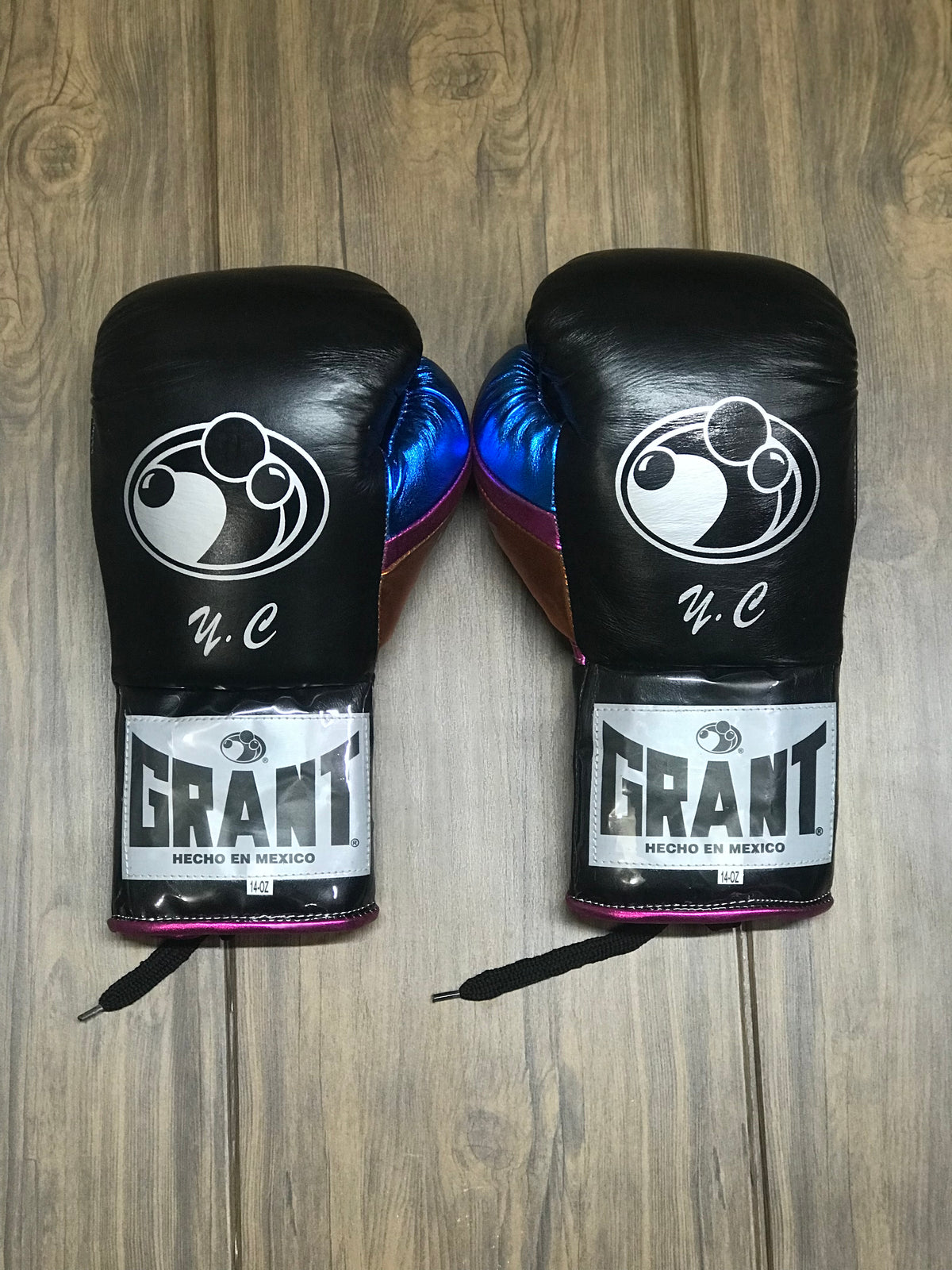 Grant Boxing Gloves Black/Pink/Blue/Orange Leather Training Gloves Back View
