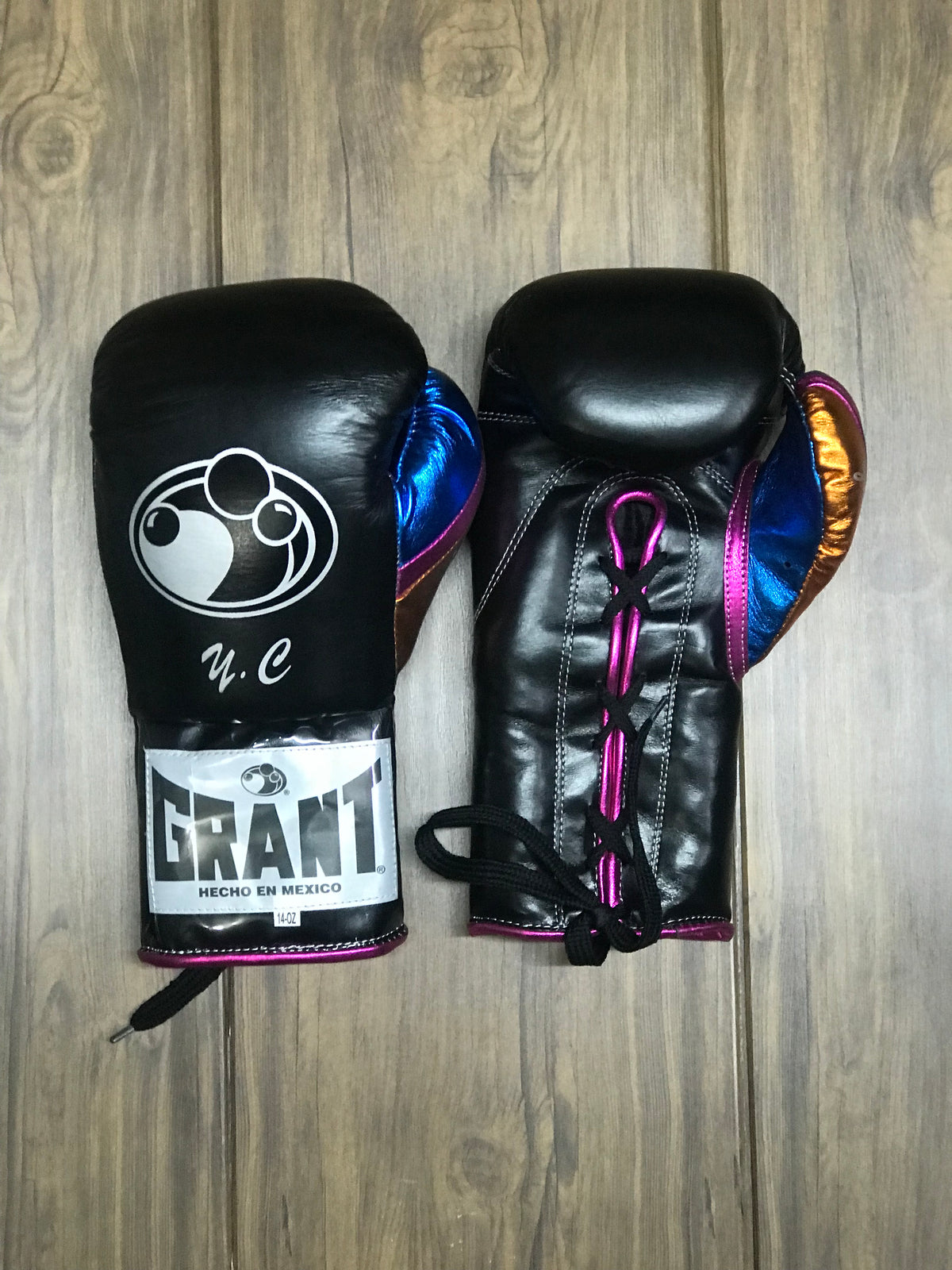 Grant Boxing Gloves Black/Pink/Blue/Orange Leather Training Gloves Front View