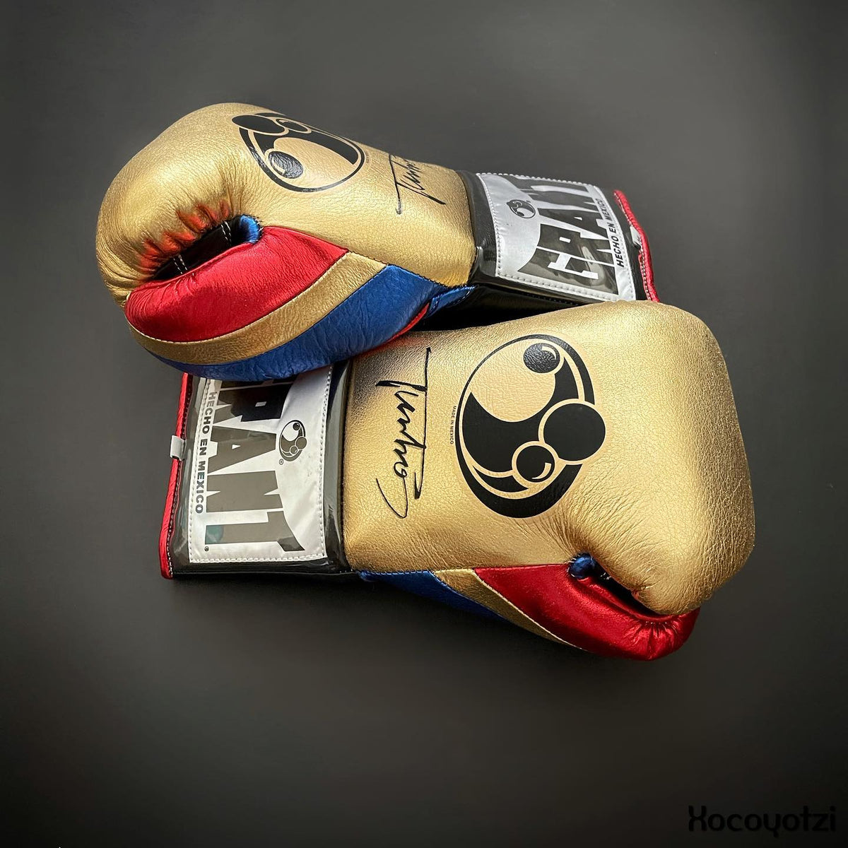 Grant Gold/Black/Red/Blue Leather Boxing Gloves Side View