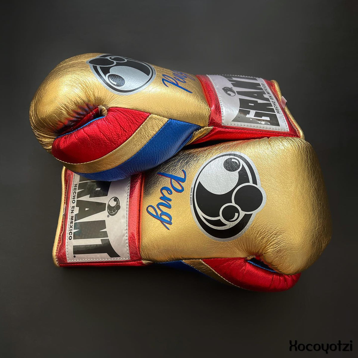 Grant Gold/Blue/Red Lace-Up Boxing Gloves Classic Training Gloves Side View