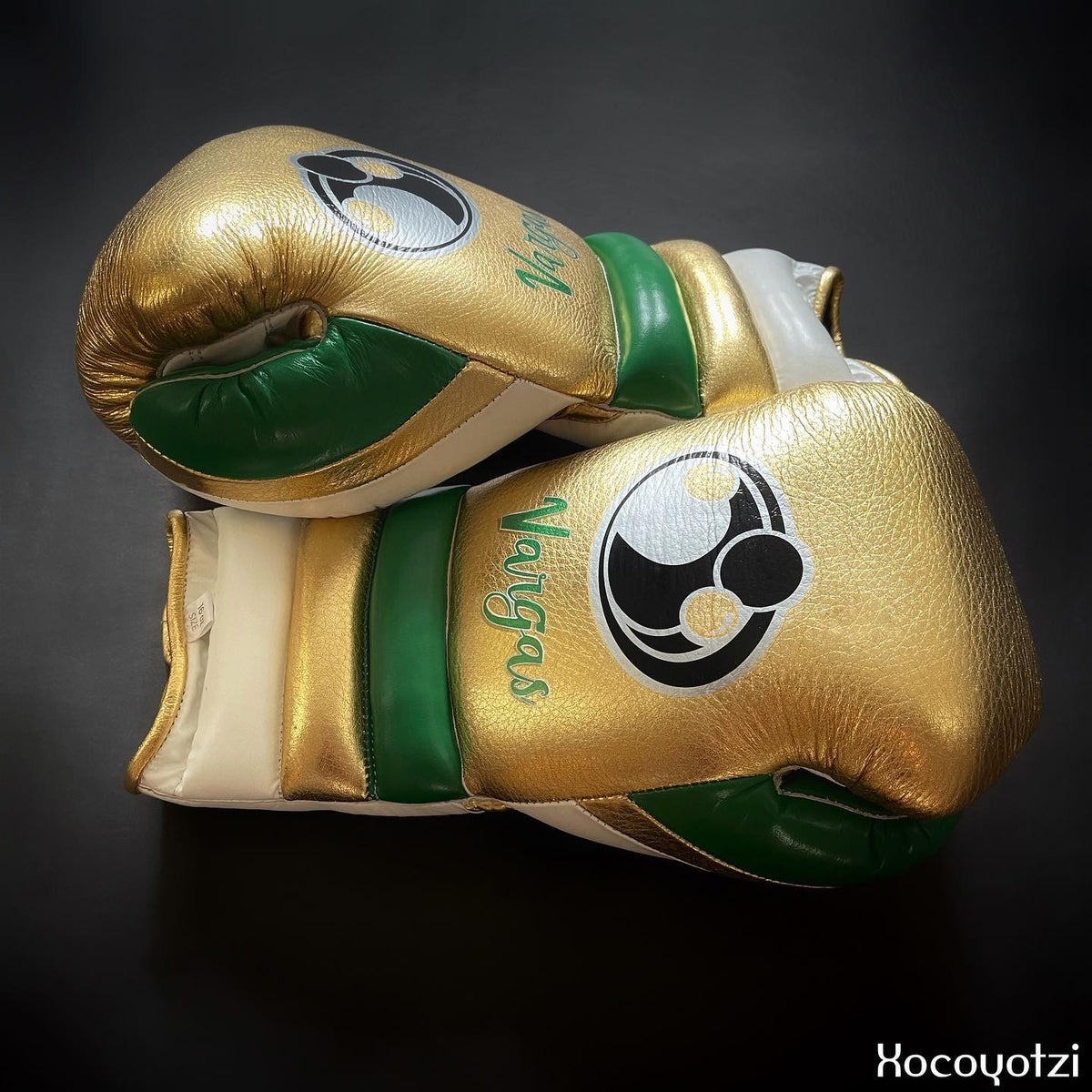 Grant Gold/White/Green Leather Boxing Gloves Custom Fit Training Side View
