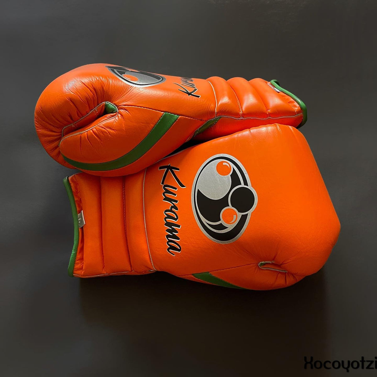 Grant Orange/Green Leather Boxing Gloves Side View
