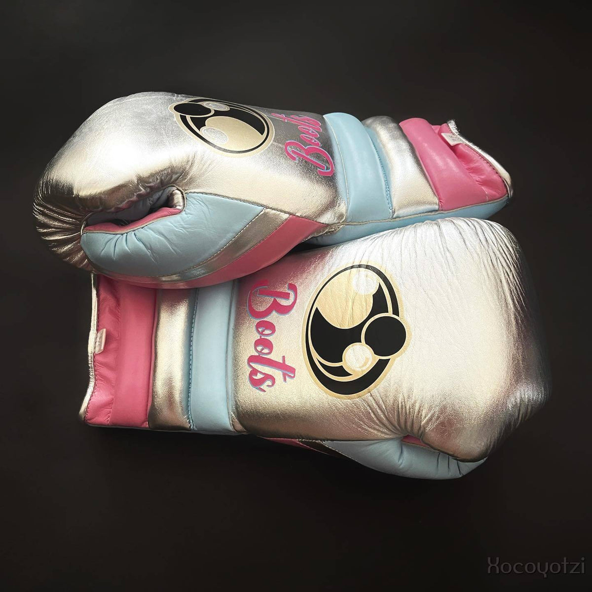 Grant Silver/Sky-Blue/Pink Boxing Gloves 14oz Premium Training Gloves Side View.