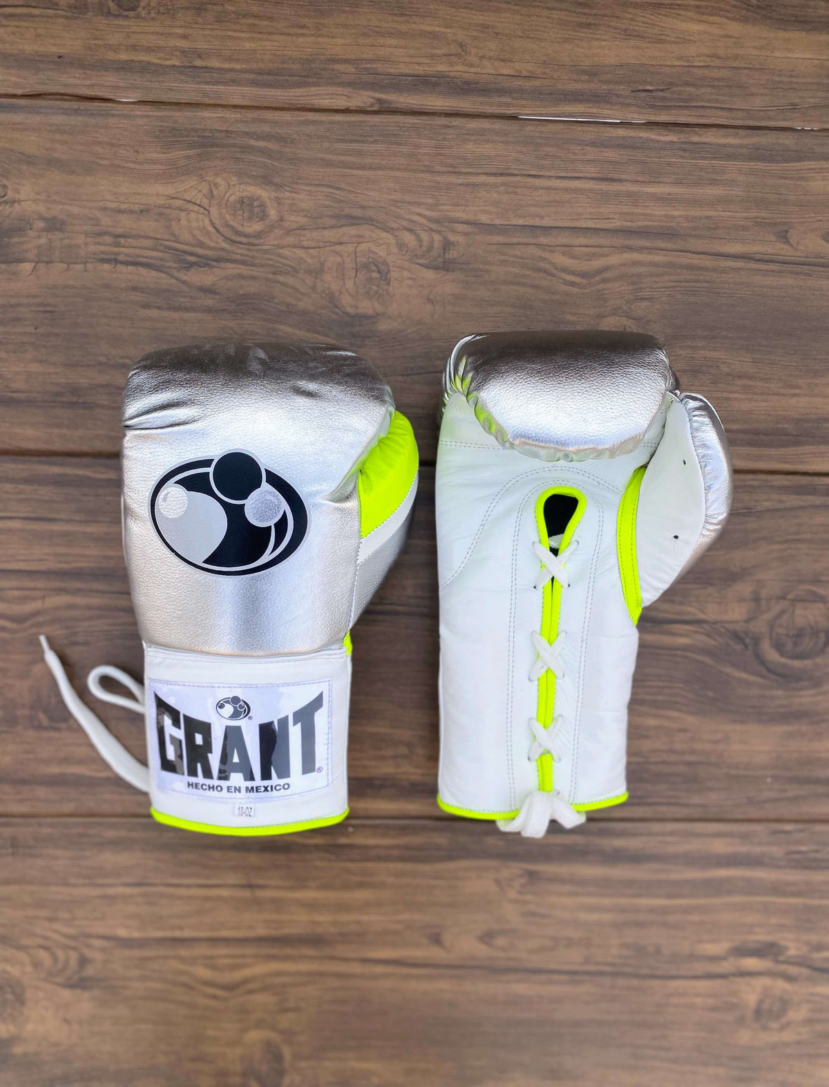 Grant Boxing Gloves Silver/White/Yellow Leather Gloves Front View