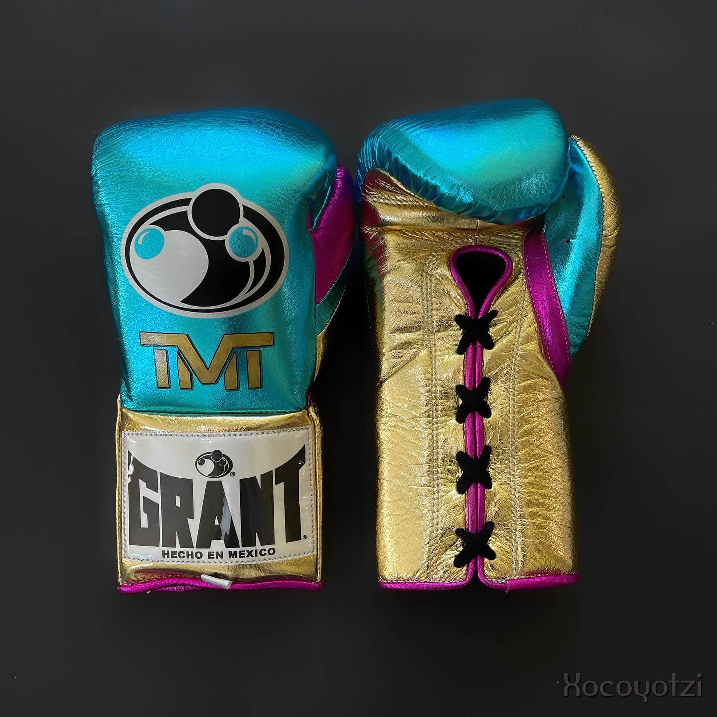 Grant Boxing Gloves Sky-Blue/Gold/Pink on Hands Training Action Shot