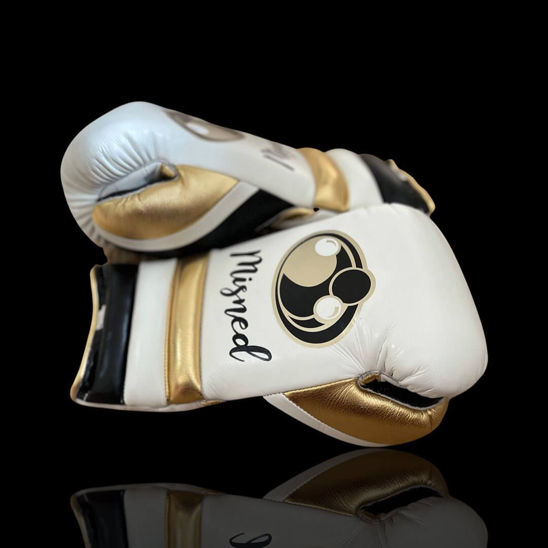 Grant White/Black/Gold Boxing Gloves Premium Leather Training Pair Side View.
