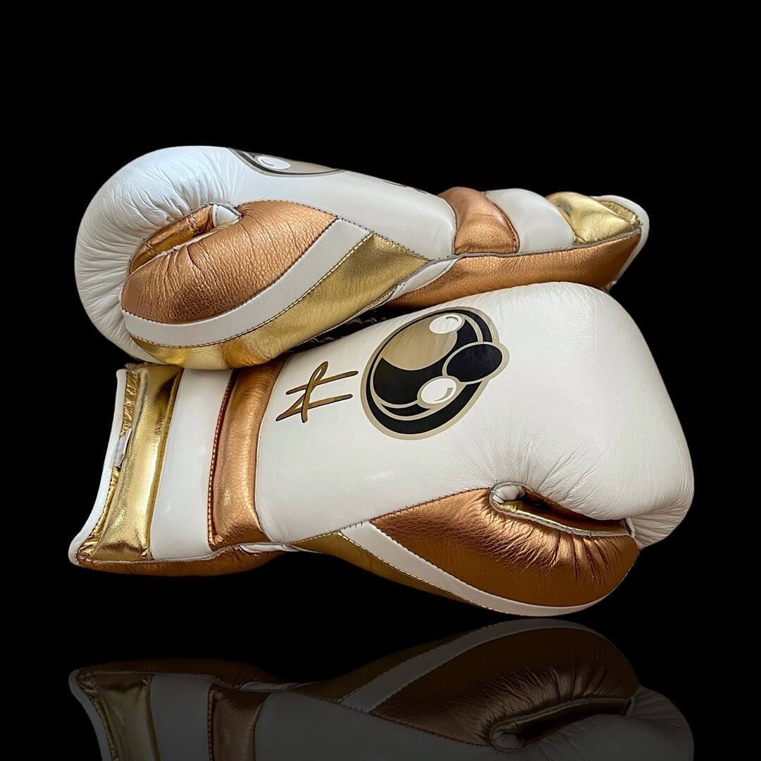 Grant Boxing Gloves White/Copper/Gold 14oz Leather Training Gloves Side View.