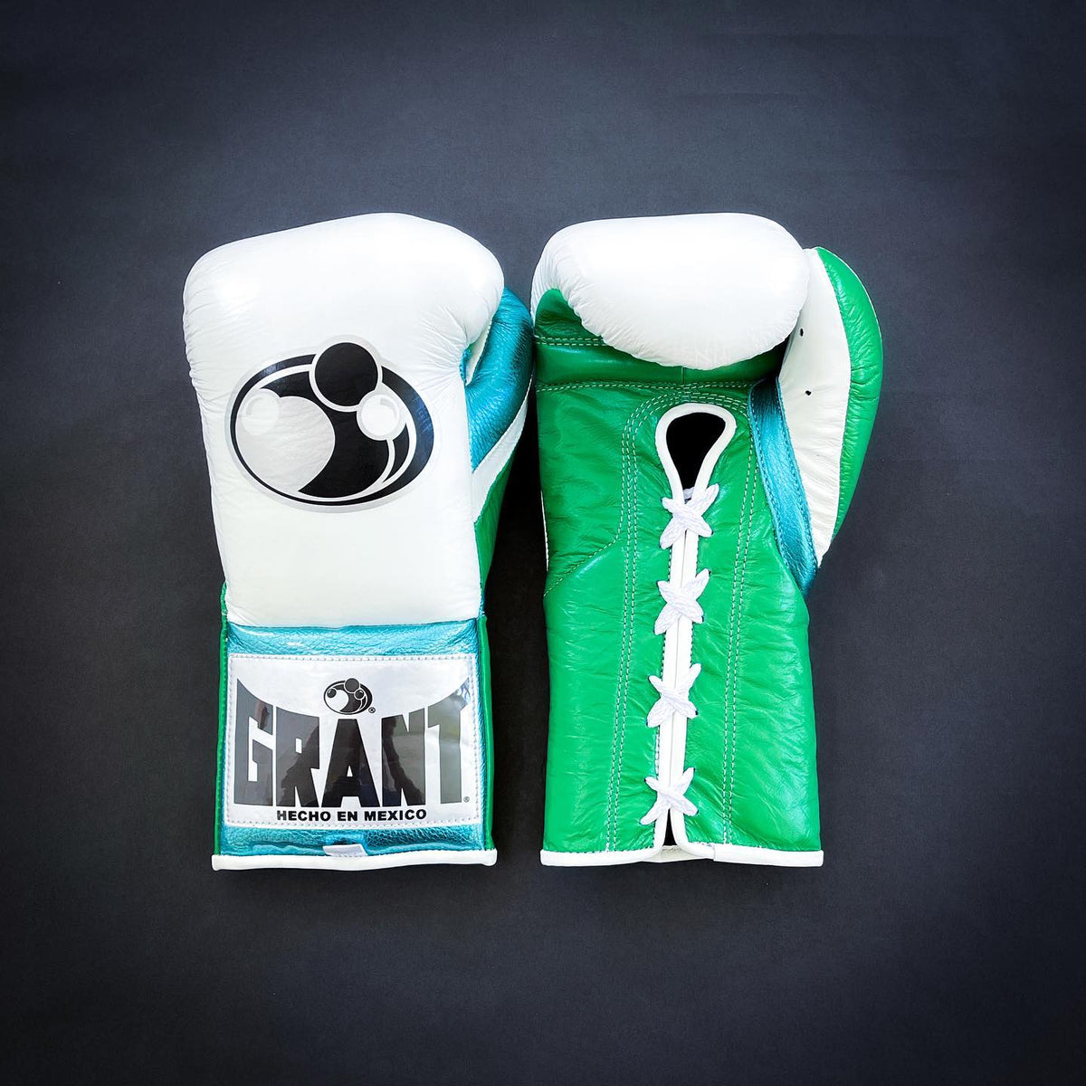 Grant Boxing Gloves White/Green/Blue Curved Leather Gloves for MMA Training