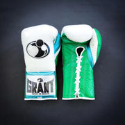 Grant Boxing Gloves White/Green/Blue Curved Leather Gloves for MMA Training