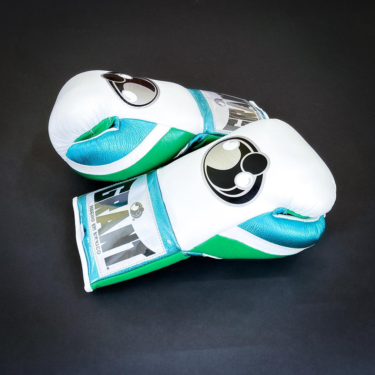 Grant Boxing Gloves White/Green/Blue Curved Leather Gloves Side View