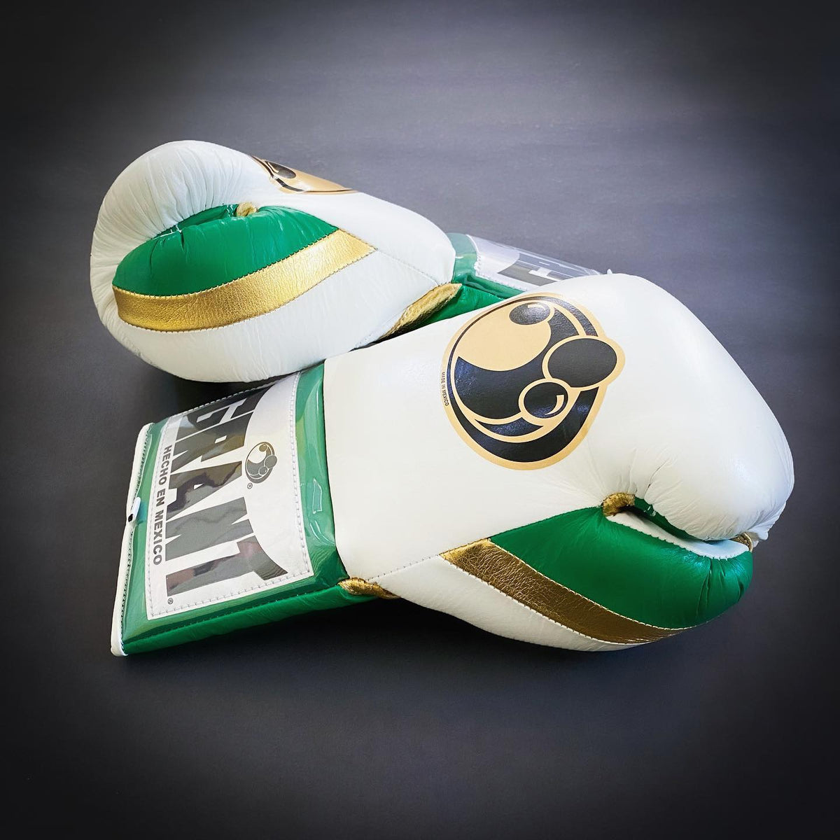 Grant Boxing Gloves White/Green/Gold Padded Leather Gloves Side View