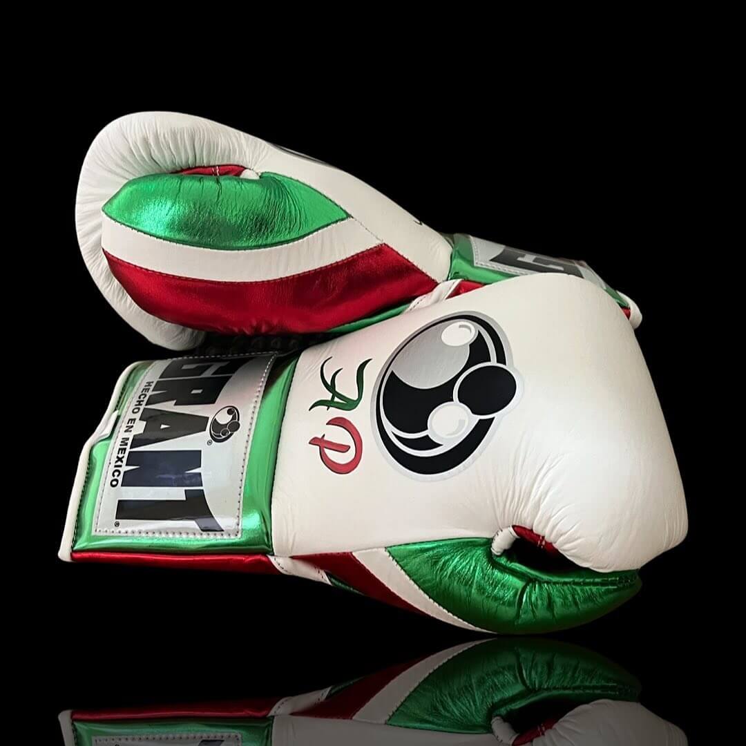 Grant Boxing Gloves White/Green/Red on Hands Training Gloves Side View