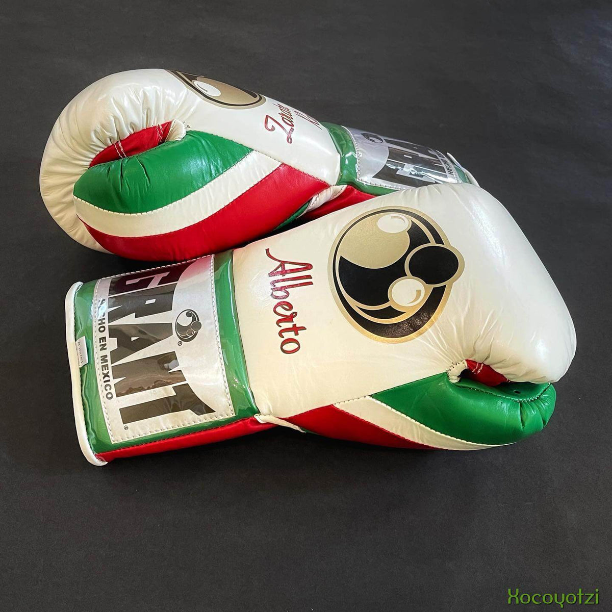 Grant White/Red/Green Lace-Up Boxing Gloves Side View