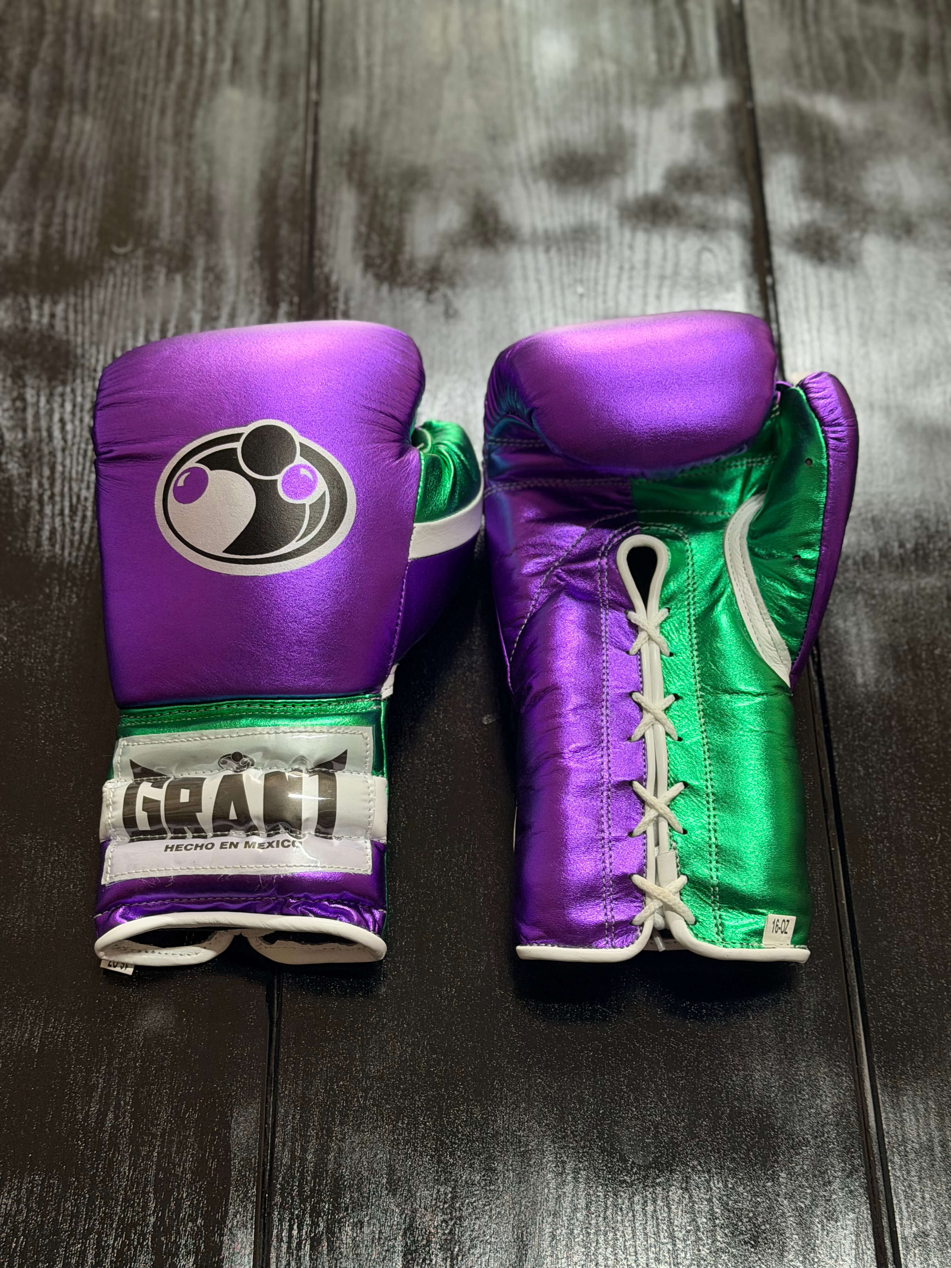 Grant Boxing Gloves Purple/Green/White Leather Training Gloves Front View