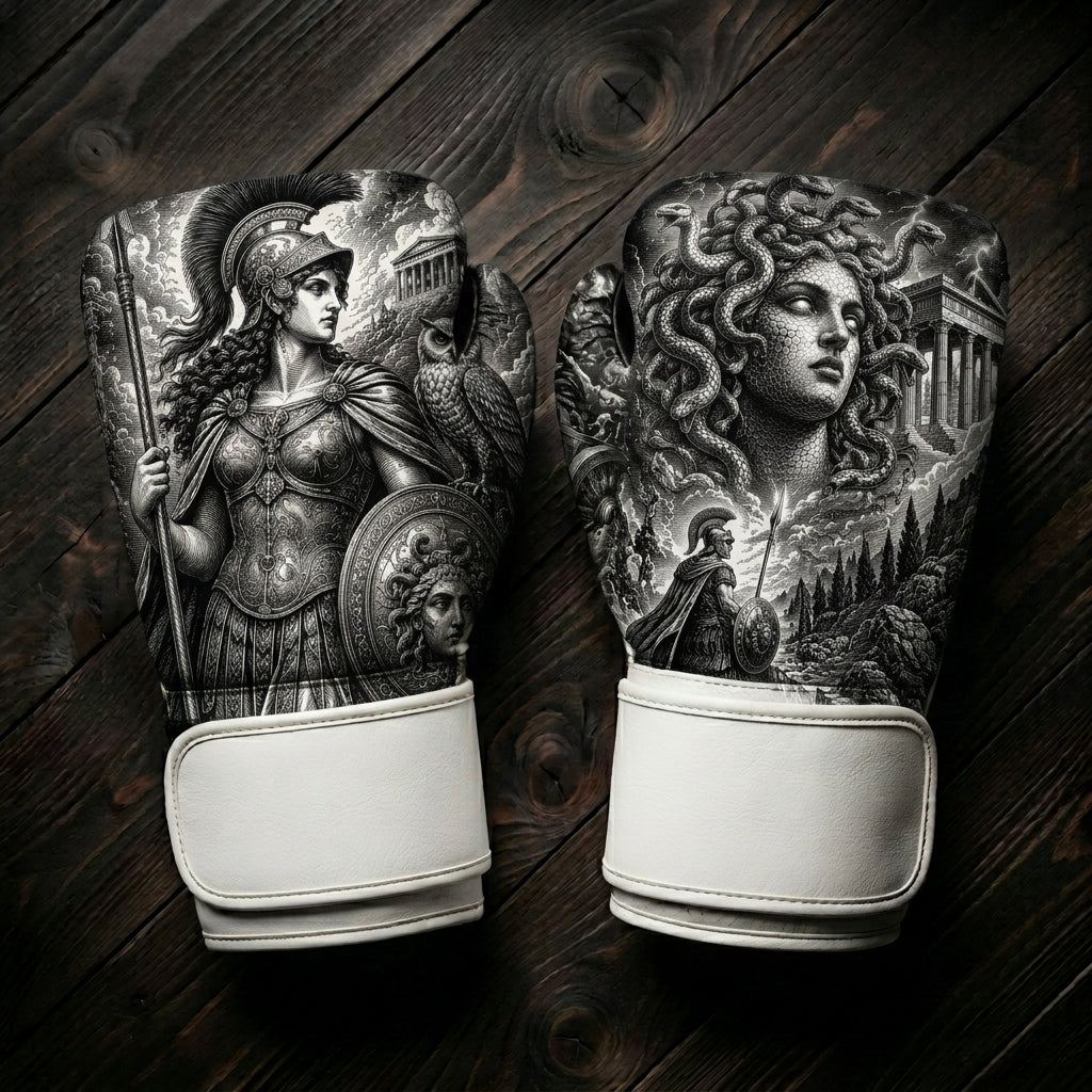 Black and white boxing gloves featuring the Greek goddess Athena with a spear, shield, and owl on one glove, and Medusa with snakes for hair and an ancient temple on the other for combat sports training.