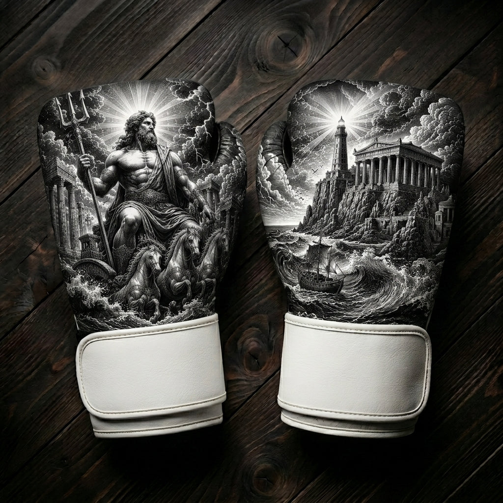 Black and white boxing gloves featuring the Greek sea god Poseidon holding a trident with horse chariot, a coastal lighthouse, ancient temple, and a sailing ship for combat sports training.