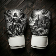 Black and white boxing gloves featuring the Greek sea god Poseidon holding a trident with horse chariot, a coastal lighthouse, ancient temple, and a sailing ship for combat sports training.
