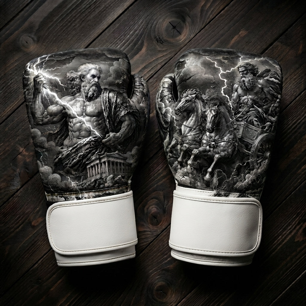 Monochrome boxing gloves featuring Zeus wielding lightning bolts, a Greek temple, and a horse chariot mythology art design for combat sports training.