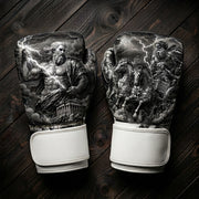 Monochrome boxing gloves featuring Zeus wielding lightning bolts, a Greek temple, and a horse chariot mythology art design for combat sports training.
